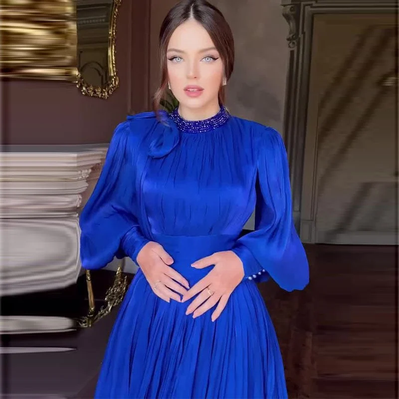 Damen Elegantes Chiffon-Maxikleid mit tailliertem Wickelbund, Stehkragen und langen Puffärmeln Nord Taschen