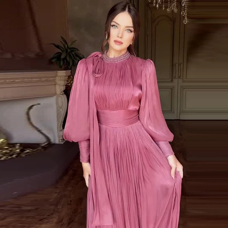 Damen Elegantes Chiffon-Maxikleid mit tailliertem Wickelbund, Stehkragen und langen Puffärmeln Nord Taschen