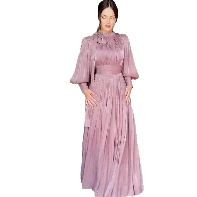 Damen Elegantes Chiffon-Maxikleid mit tailliertem Wickelbund, Stehkragen und langen Puffärmeln Nord Taschen