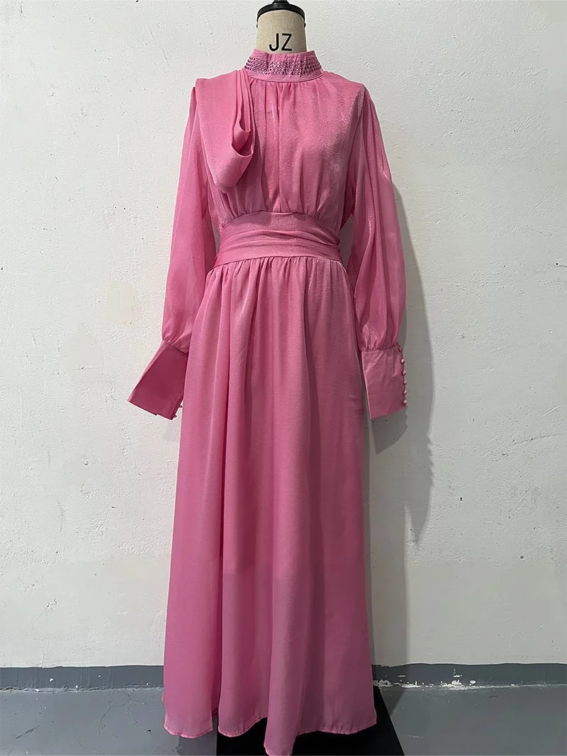Damen Elegantes Chiffon-Maxikleid mit tailliertem Wickelbund, Stehkragen und langen Puffärmeln Nord Taschen