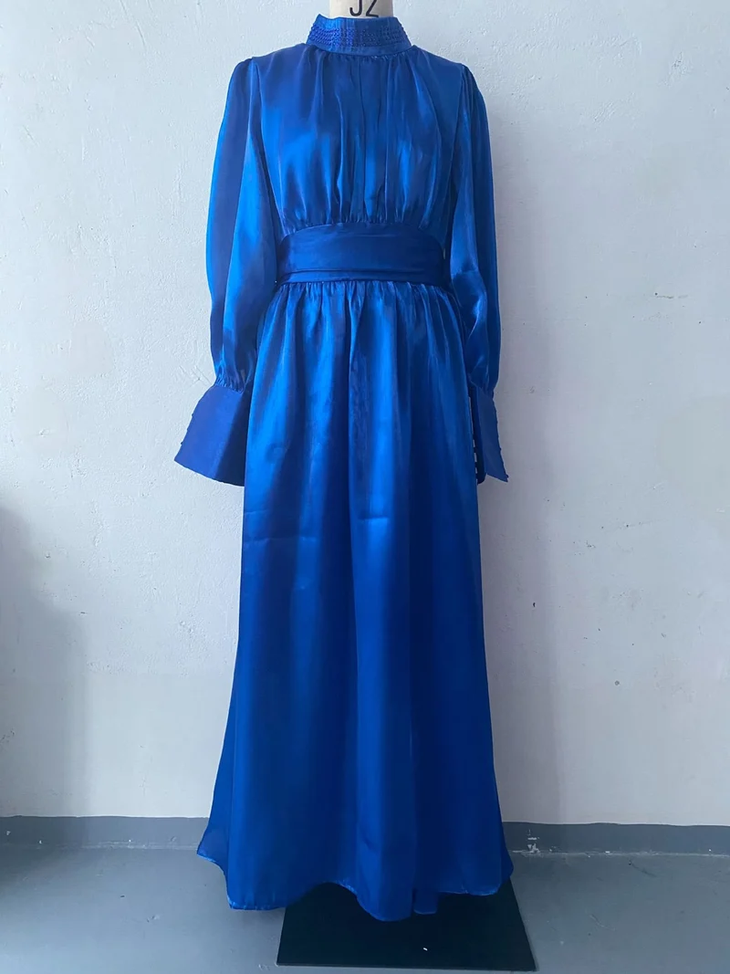 Damen Elegantes Chiffon-Maxikleid mit tailliertem Wickelbund, Stehkragen und langen Puffärmeln Nord Taschen