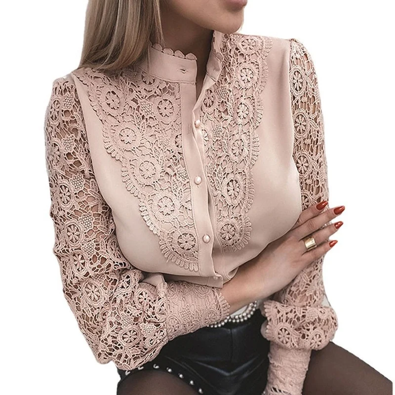 Damen Elegante Hemdbluse mit Spitzeneinsätzen, klassischem Kragen und Manschetten Nord Taschen