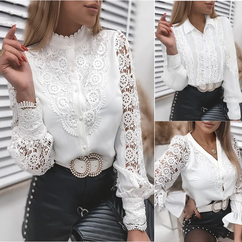 Damen Elegante Hemdbluse mit Spitzeneinsätzen, klassischem Kragen und Manschetten Nord Taschen