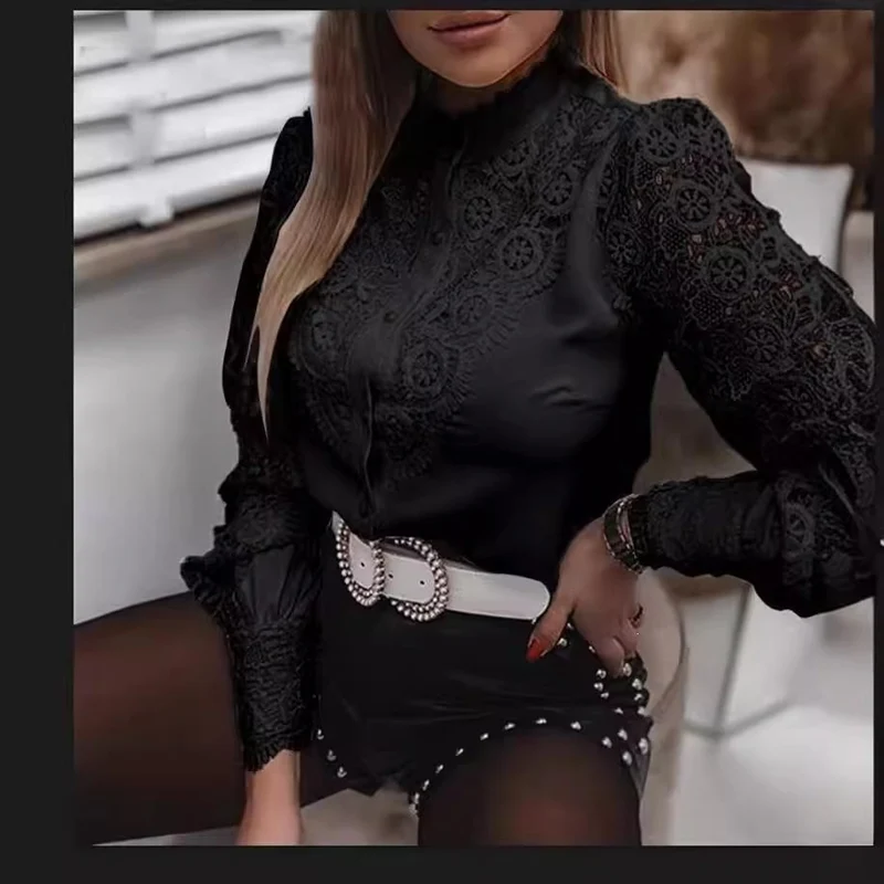 Damen Elegante Hemdbluse mit Spitzeneinsätzen, klassischem Kragen und Manschetten Nord Taschen