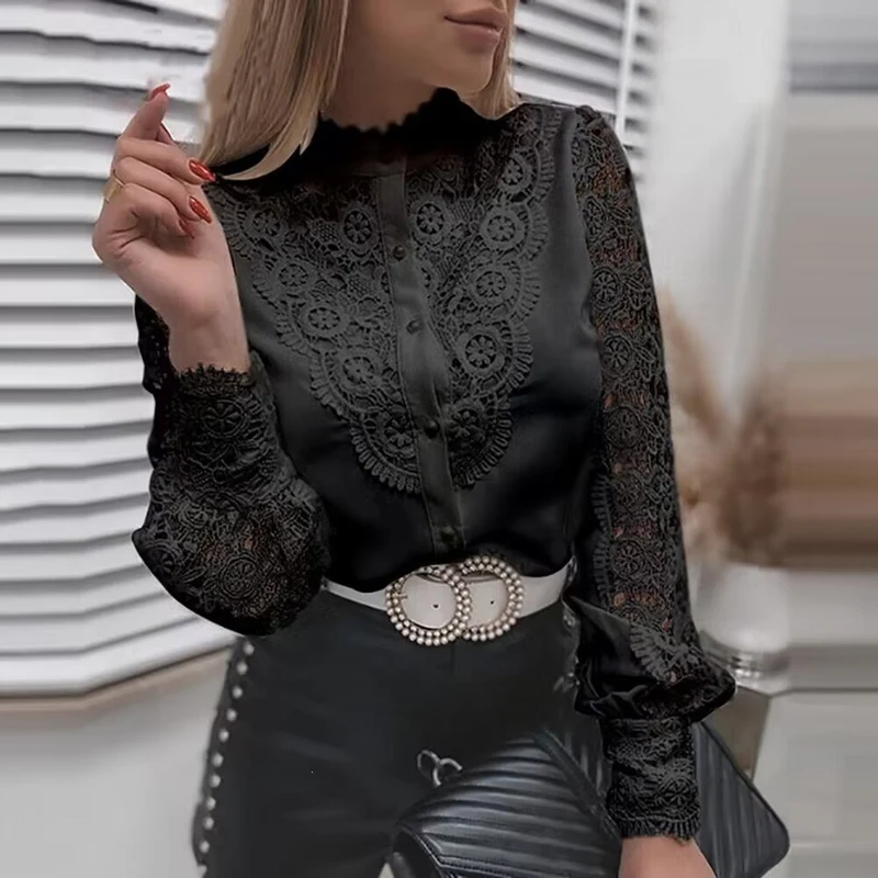 Damen Elegante Hemdbluse mit Spitzeneinsätzen, klassischem Kragen und Manschetten Nord Taschen
