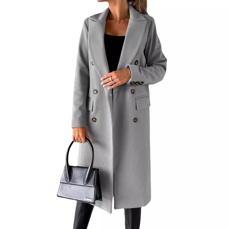 Damen Doppelreihiger Wollmantel im Longline‑Schnitt mit Reverskragen und Pattentaschen Nord Taschen