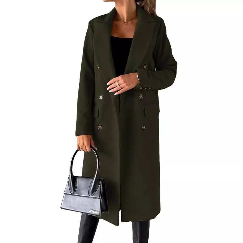 Damen Doppelreihiger Wollmantel im Longline‑Schnitt mit Reverskragen und Pattentaschen Nord Taschen