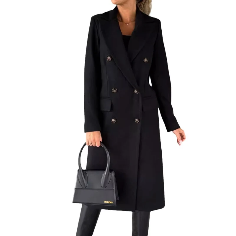 Damen Doppelreihiger Wollmantel im Longline‑Schnitt mit Reverskragen und Pattentaschen Nord Taschen