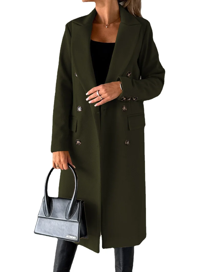 Damen Doppelreihiger Wollmantel im Longline‑Schnitt mit Reverskragen und Pattentaschen Nord Taschen