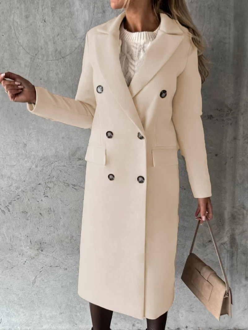 Damen Doppelreihiger Wollmantel im Longline‑Schnitt mit Reverskragen und Pattentaschen Nord Taschen