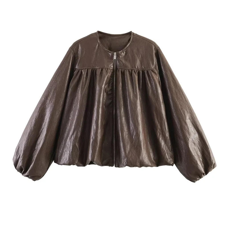 Damen Kurzjacke mit gerafftem Vorderteil, Ballonärmeln und Reißverschluss Nord Taschen