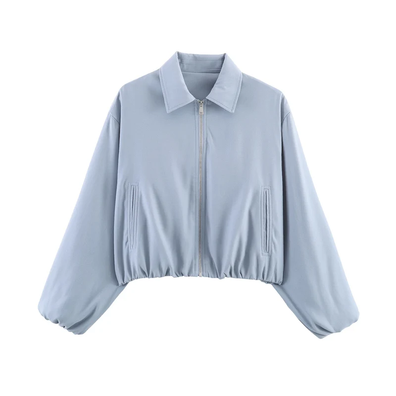 Damen Cropped Bomberjacke mit Ballonärmeln, elastischem Saum und Reverskragen Nord Taschen