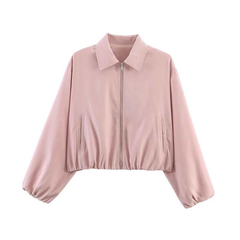Damen Cropped Bomberjacke mit Ballonärmeln, elastischem Saum und Reverskragen Nord Taschen