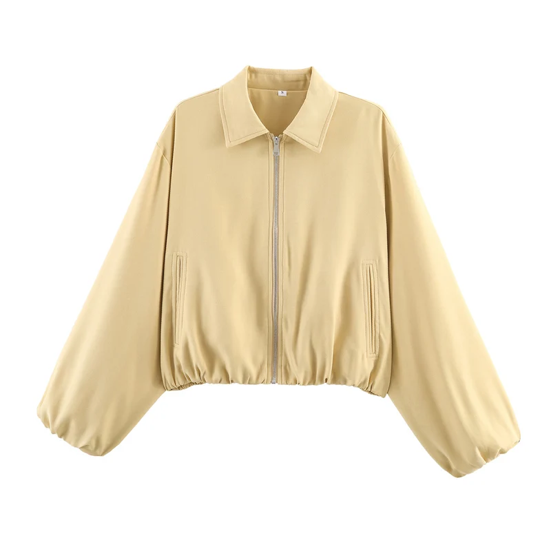 Damen Cropped Bomberjacke mit Ballonärmeln, elastischem Saum und Reverskragen Nord Taschen