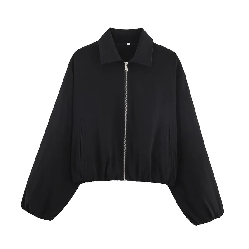 Damen Cropped Bomberjacke mit Ballonärmeln, elastischem Saum und Reverskragen Nord Taschen