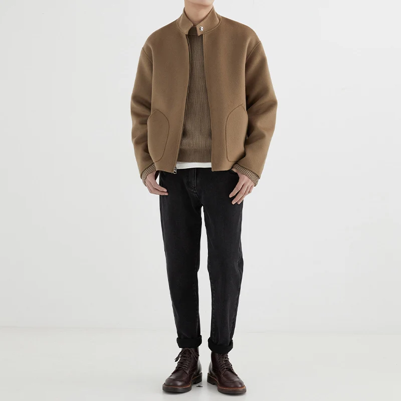 Herren Kurzgeschnittene Wollfleece-Übergangsjacke mit Stehkragen und geschwungenen Eingrifftaschen Nord Taschen