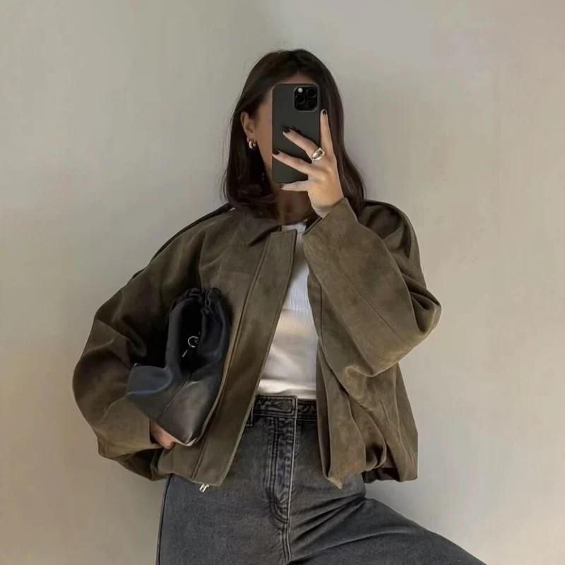 Damen Oversize Wildlederimitat-Kurzjacke Nord Taschen