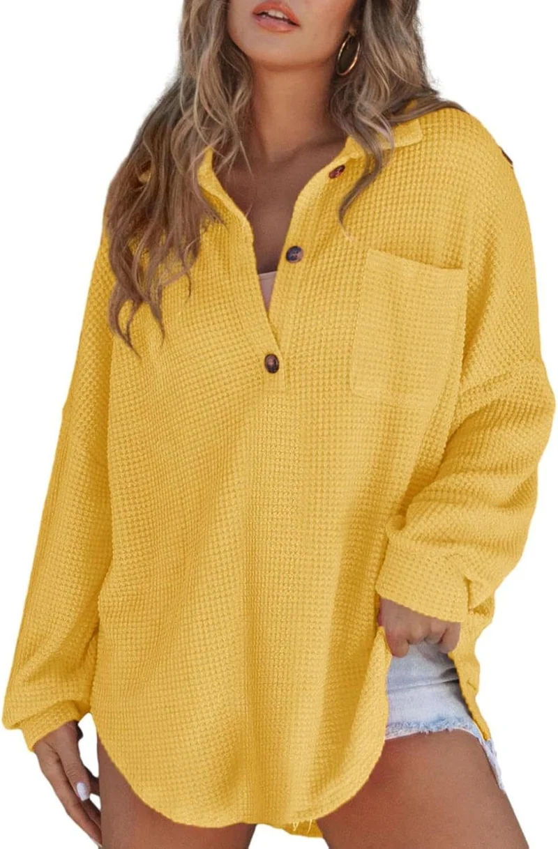 Damen Oversize Waffel-Strick Hemdtunika mit Brusttasche und Holzknöpfen Nord Taschen