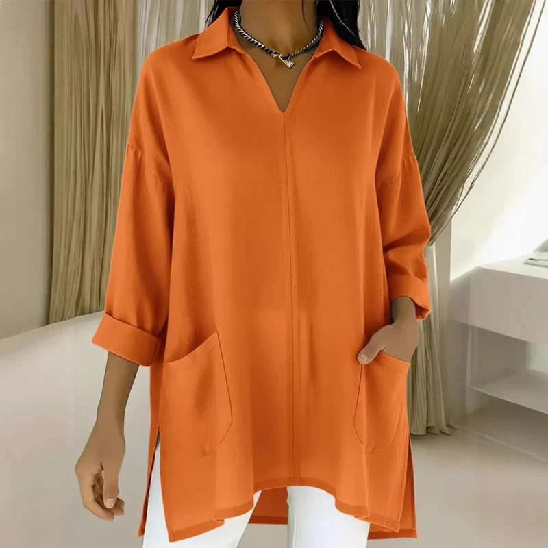 Damen Oversize-Tunika mit Hemdkragen, V-Ausschnitt und aufgesetzten Taschen Nord Taschen