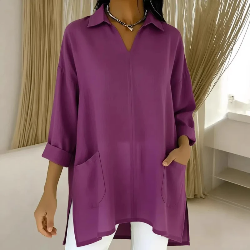 Damen Oversize-Tunika mit Hemdkragen, V-Ausschnitt und aufgesetzten Taschen Nord Taschen