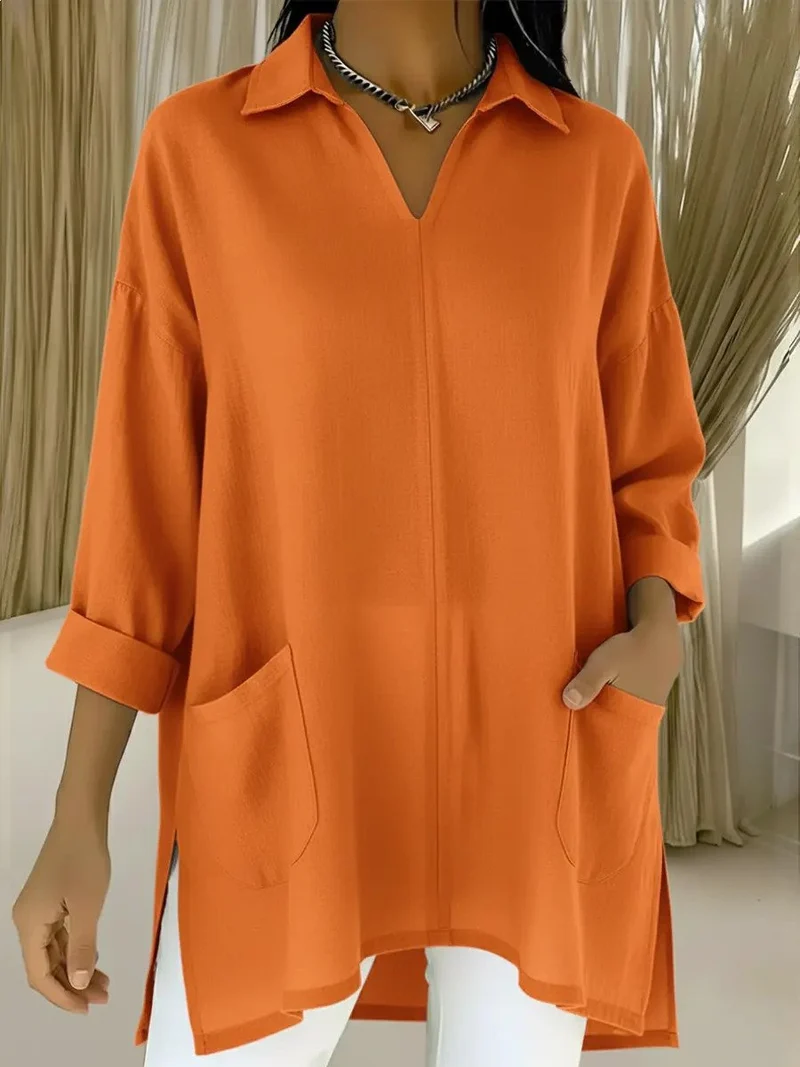 Damen Oversize-Tunika mit Hemdkragen, V-Ausschnitt und aufgesetzten Taschen Nord Taschen