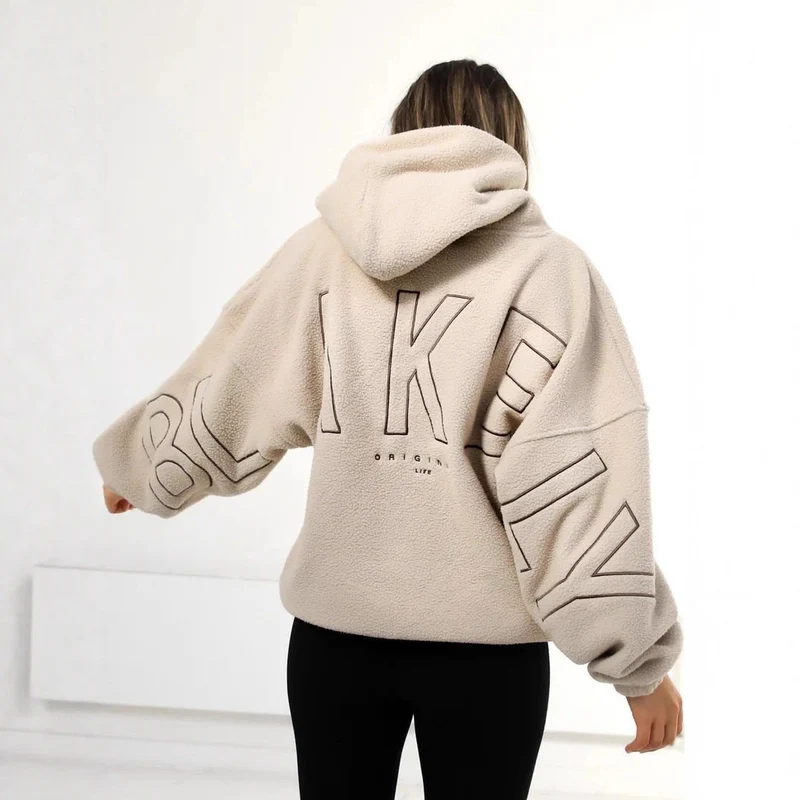 Damen Oversize Teddy-Fleece-Hoodie mit Logostickerei Nord Taschen