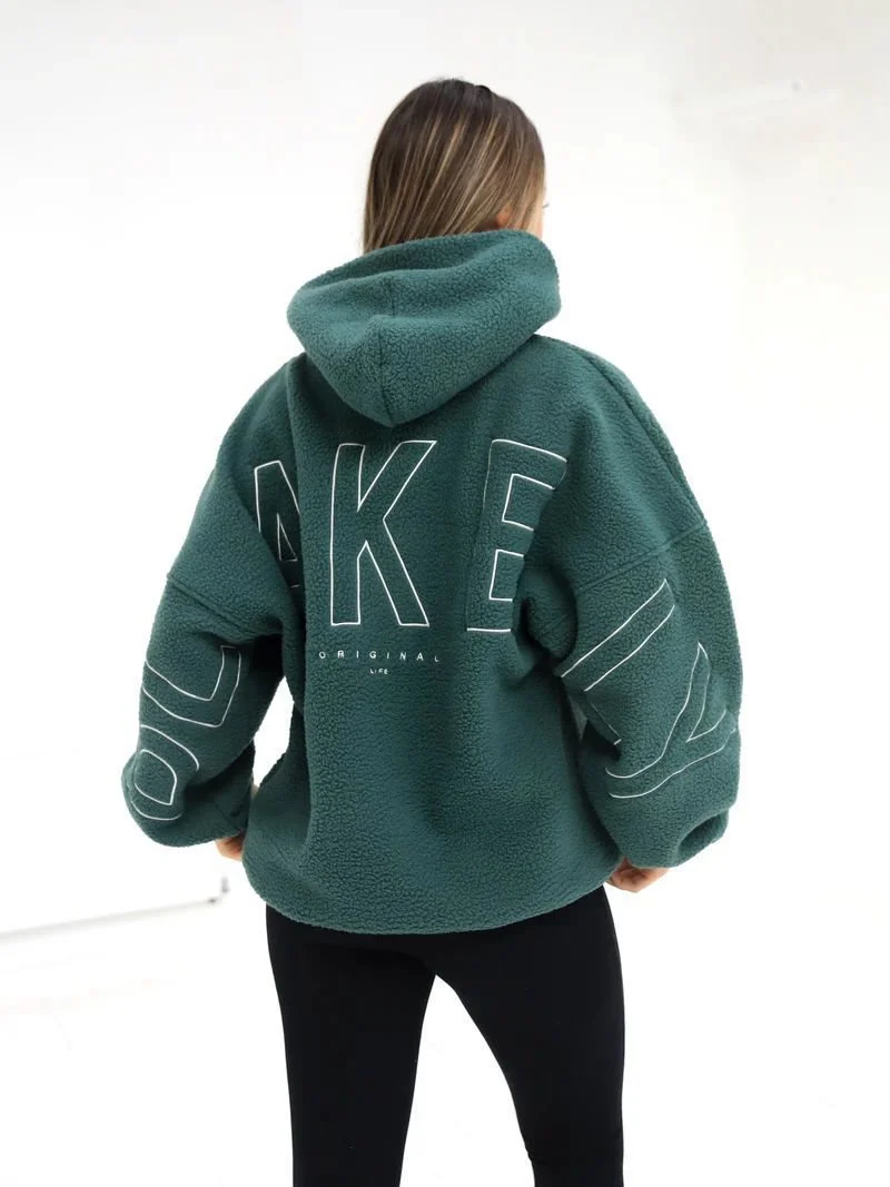 Damen Oversize Teddy-Fleece-Hoodie mit Logostickerei Nord Taschen