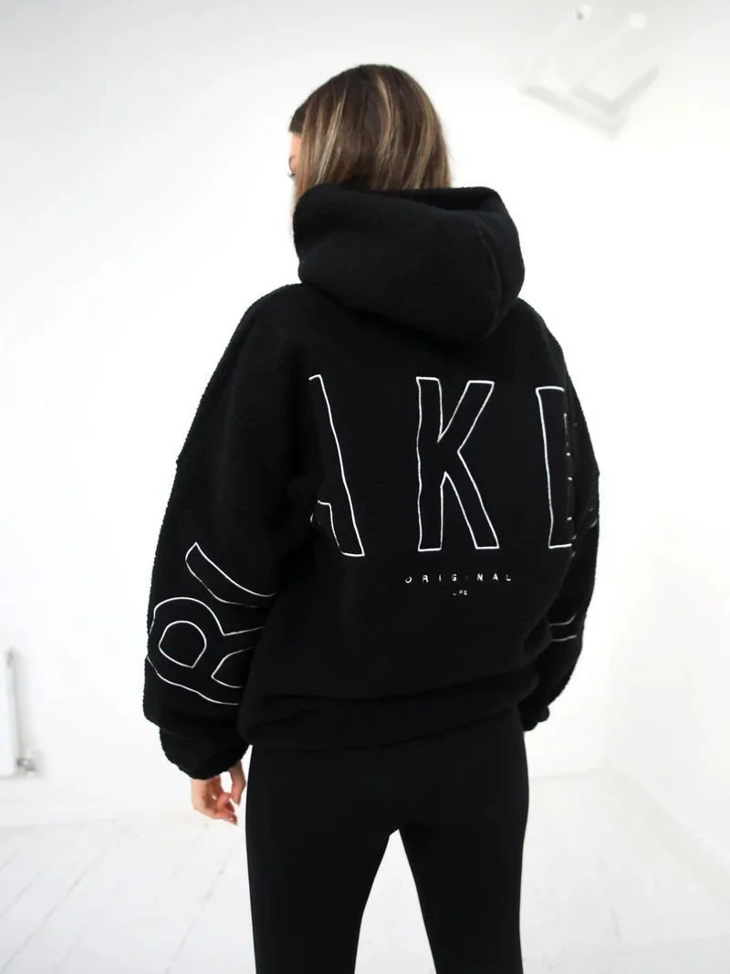 Damen Oversize Teddy-Fleece-Hoodie mit Logostickerei Nord Taschen