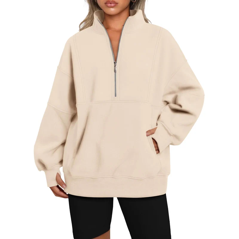 Damen Oversize-Sweatshirt mit halbem Reißverschluss, Stehkragen und Kängurutasche Nord Taschen