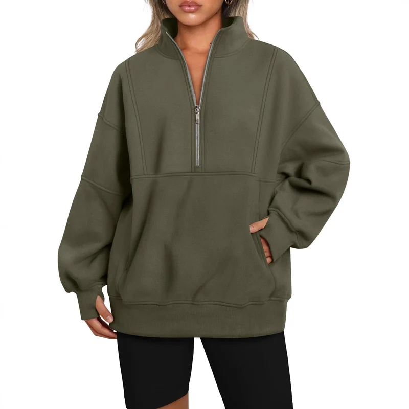 Damen Oversize-Sweatshirt mit halbem Reißverschluss, Stehkragen und Kängurutasche Nord Taschen