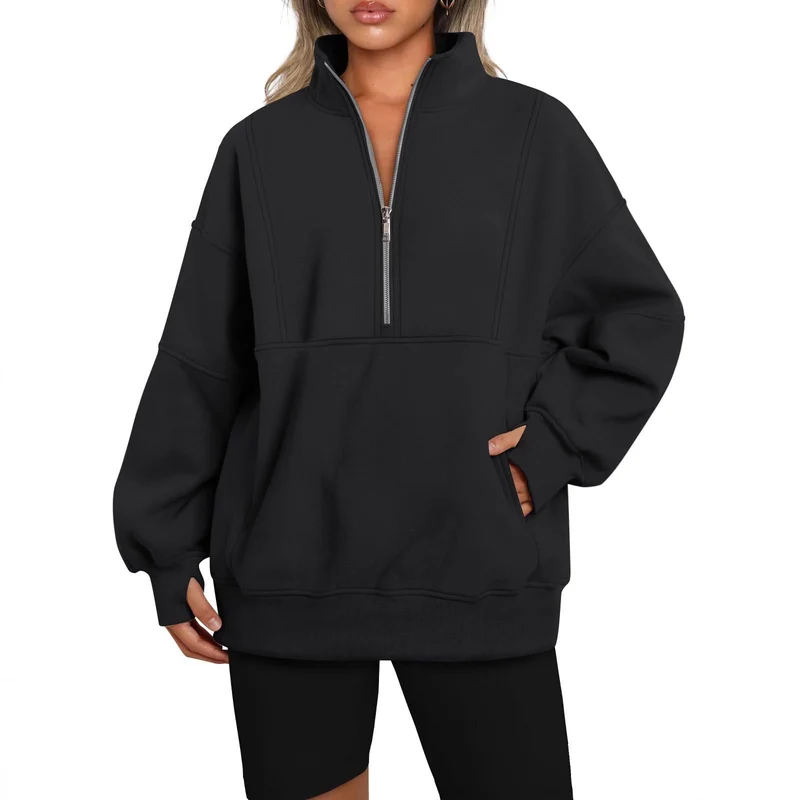 Damen Oversize-Sweatshirt mit halbem Reißverschluss, Stehkragen und Kängurutasche Nord Taschen