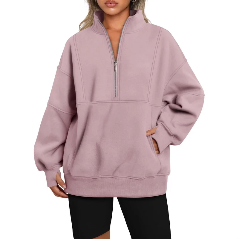 Damen Oversize-Sweatshirt mit halbem Reißverschluss, Stehkragen und Kängurutasche Nord Taschen