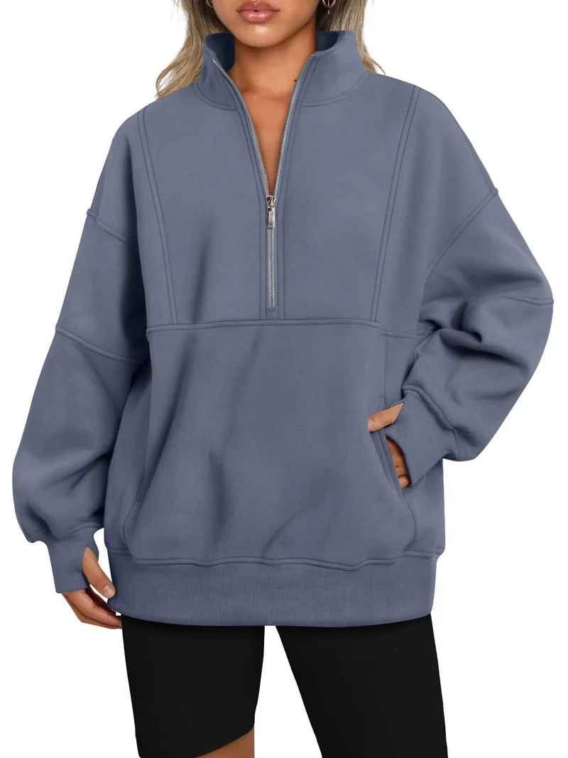 Damen Oversize-Sweatshirt mit halbem Reißverschluss, Stehkragen und Kängurutasche Nord Taschen