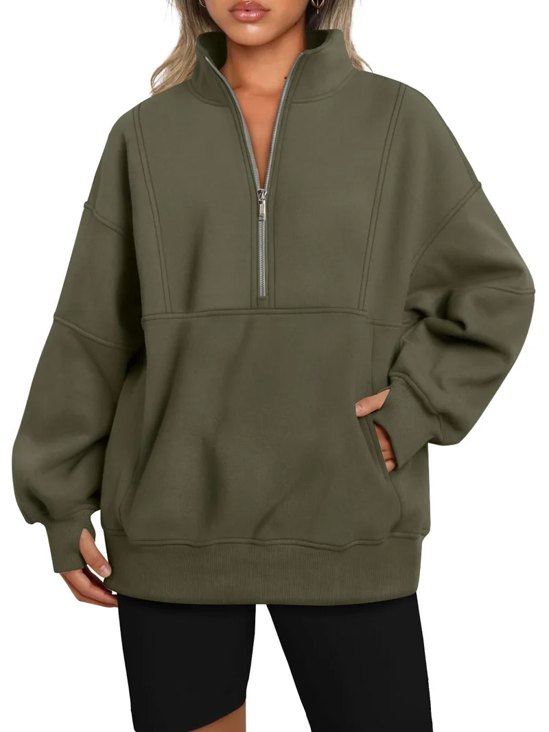 Damen Oversize-Sweatshirt mit halbem Reißverschluss, Stehkragen und Kängurutasche Nord Taschen