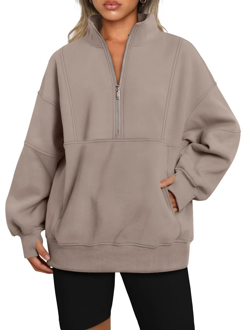 Damen Oversize-Sweatshirt mit halbem Reißverschluss, Stehkragen und Kängurutasche Nord Taschen