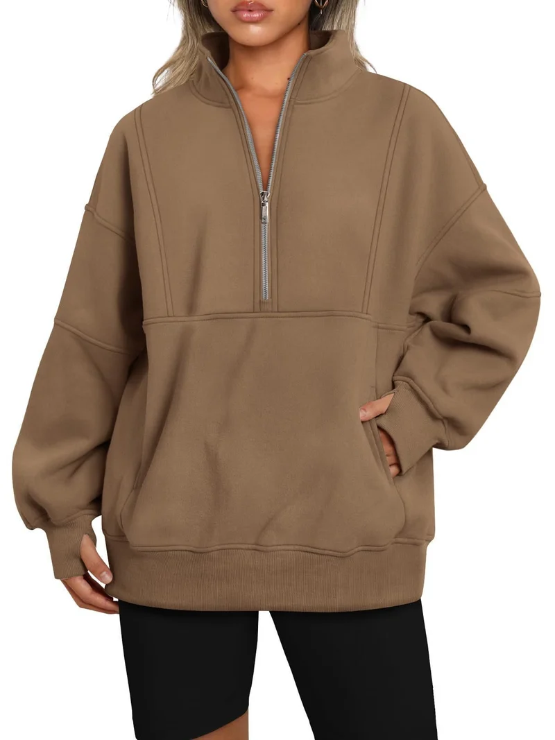 Damen Oversize-Sweatshirt mit halbem Reißverschluss, Stehkragen und Kängurutasche Nord Taschen