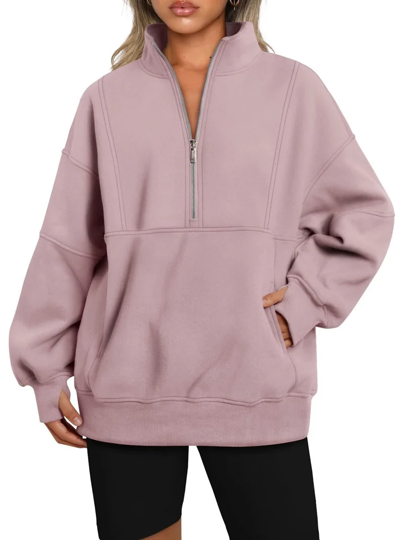 Damen Oversize-Sweatshirt mit halbem Reißverschluss, Stehkragen und Kängurutasche Nord Taschen