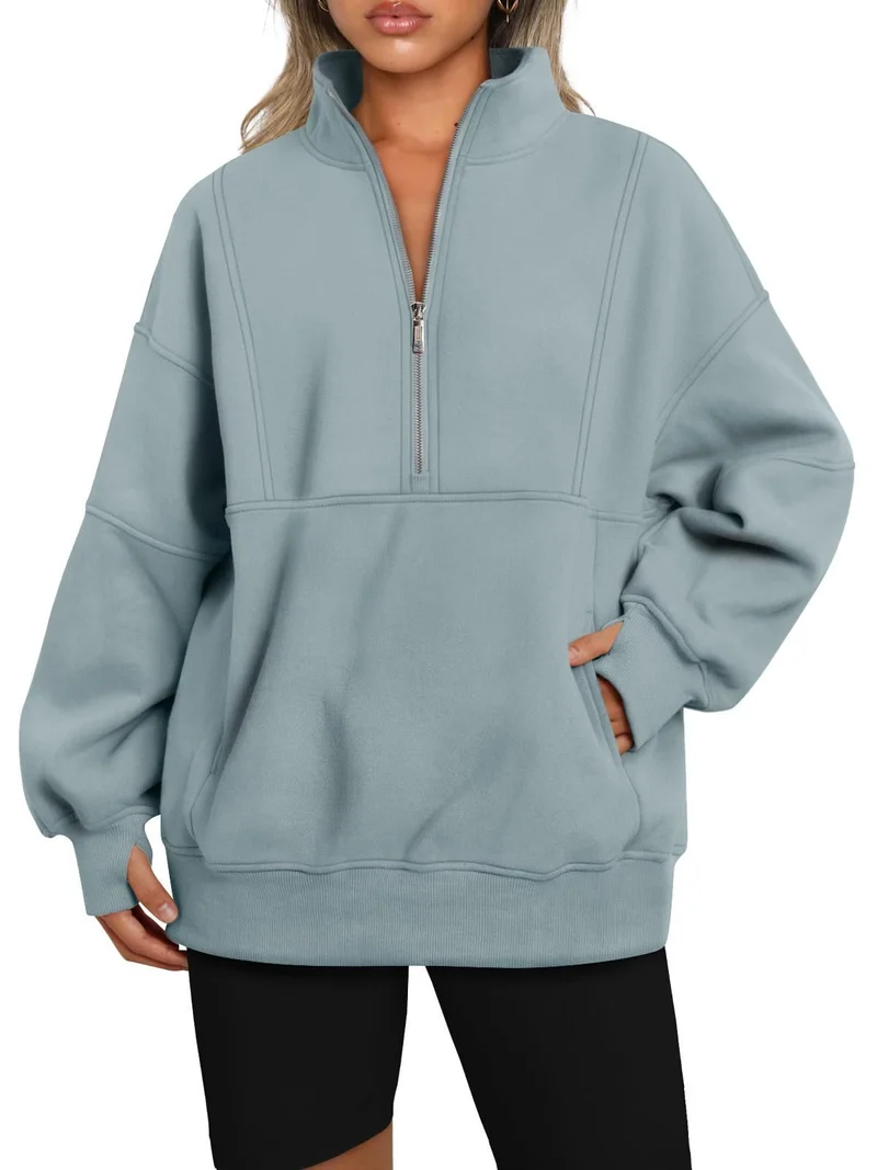 Damen Oversize-Sweatshirt mit halbem Reißverschluss, Stehkragen und Kängurutasche Nord Taschen