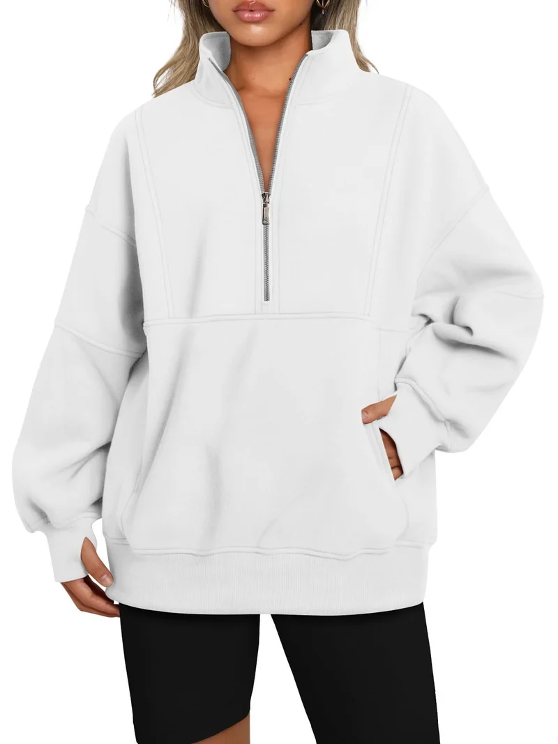 Damen Oversize-Sweatshirt mit halbem Reißverschluss, Stehkragen und Kängurutasche Nord Taschen
