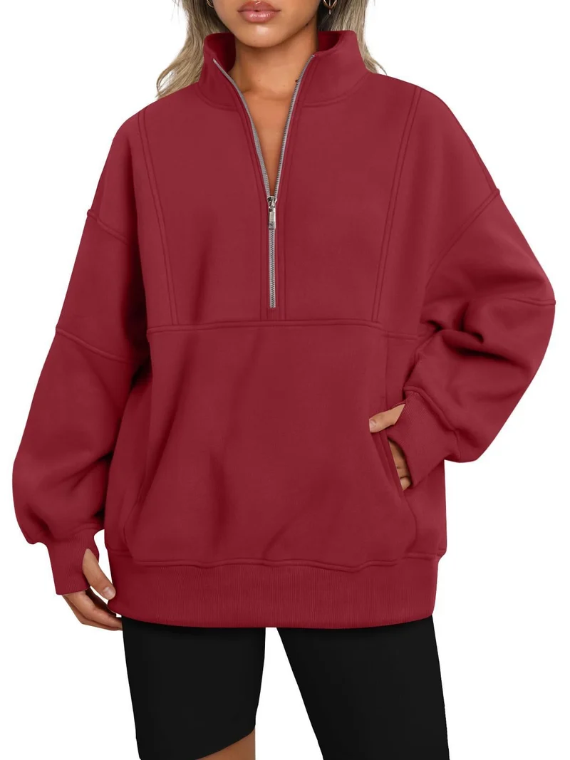 Damen Oversize-Sweatshirt mit halbem Reißverschluss, Stehkragen und Kängurutasche Nord Taschen