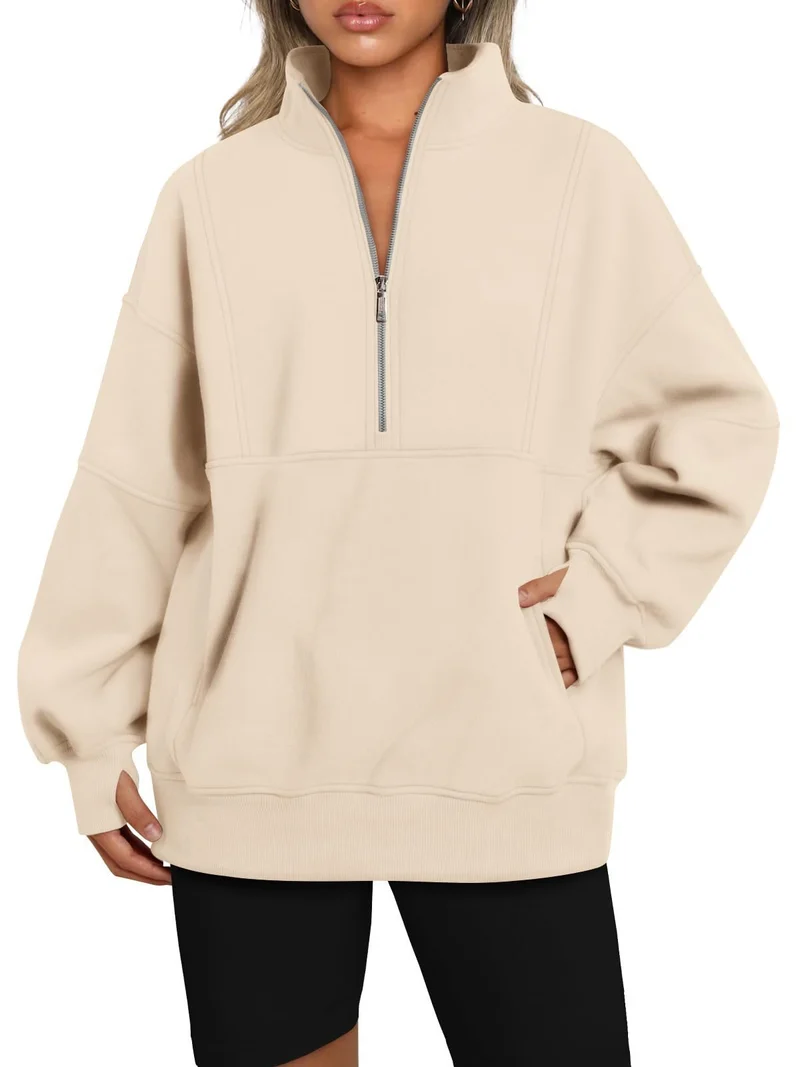 Damen Oversize-Sweatshirt mit halbem Reißverschluss, Stehkragen und Kängurutasche Nord Taschen