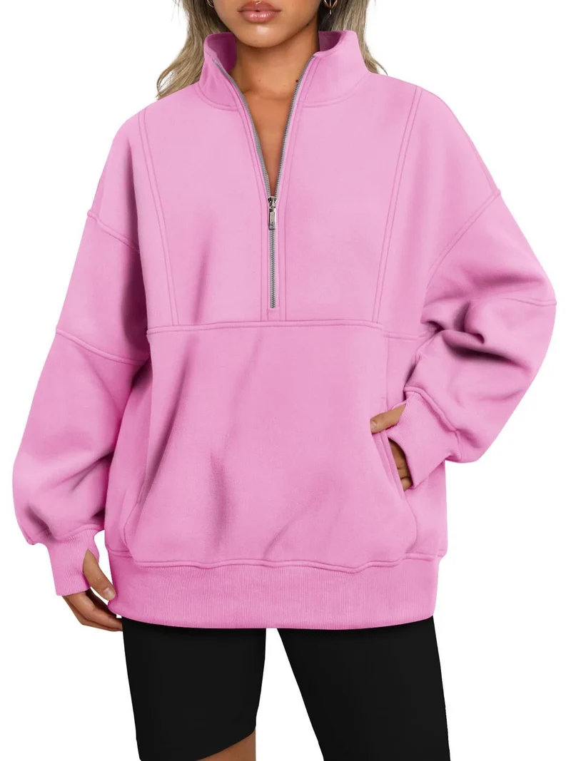 Damen Oversize-Sweatshirt mit halbem Reißverschluss, Stehkragen und Kängurutasche Nord Taschen