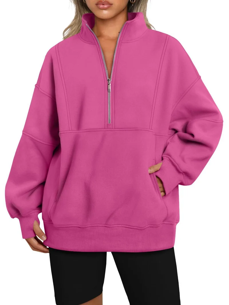 Damen Oversize-Sweatshirt mit halbem Reißverschluss, Stehkragen und Kängurutasche Nord Taschen