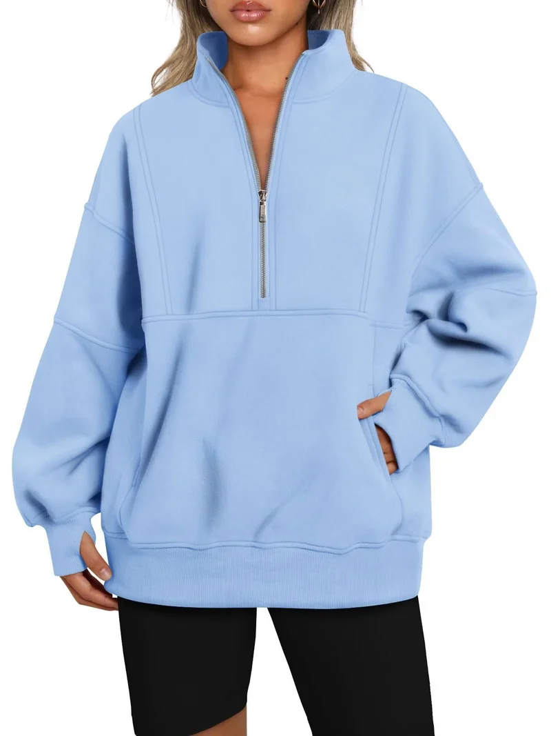 Damen Oversize-Sweatshirt mit halbem Reißverschluss, Stehkragen und Kängurutasche Nord Taschen