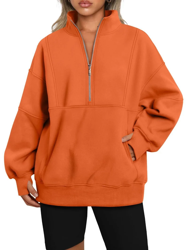 Damen Oversize-Sweatshirt mit halbem Reißverschluss, Stehkragen und Kängurutasche Nord Taschen