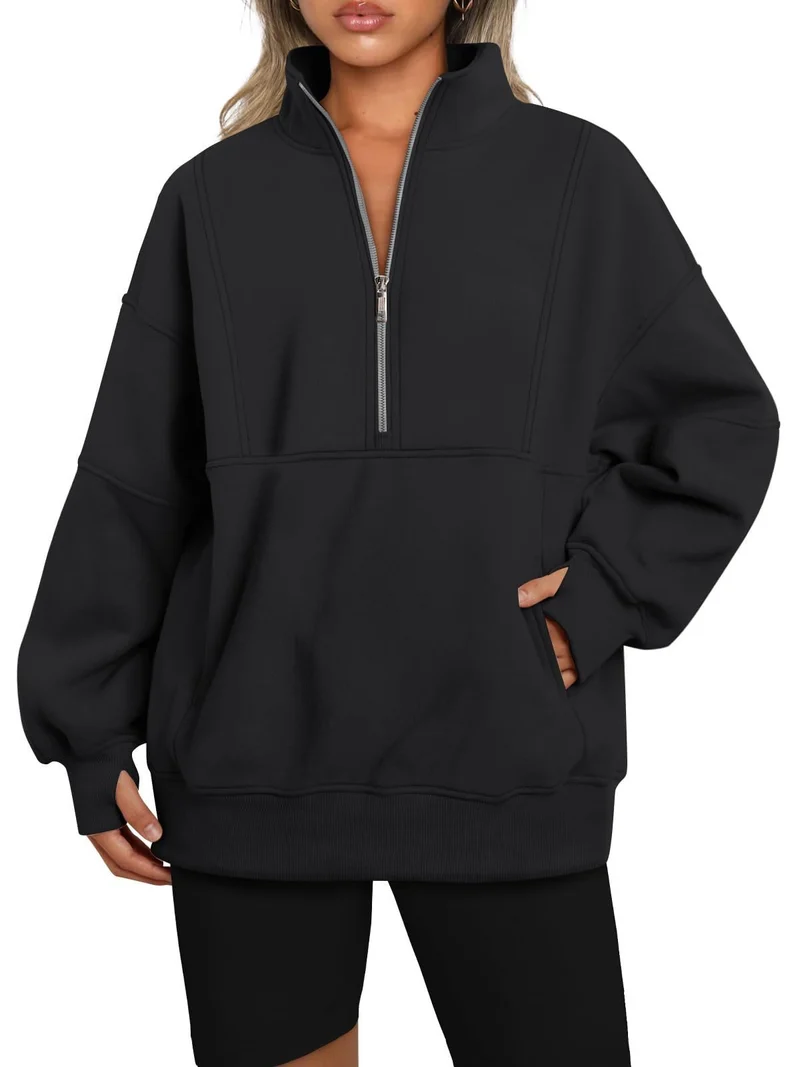 Damen Oversize-Sweatshirt mit halbem Reißverschluss, Stehkragen und Kängurutasche Nord Taschen