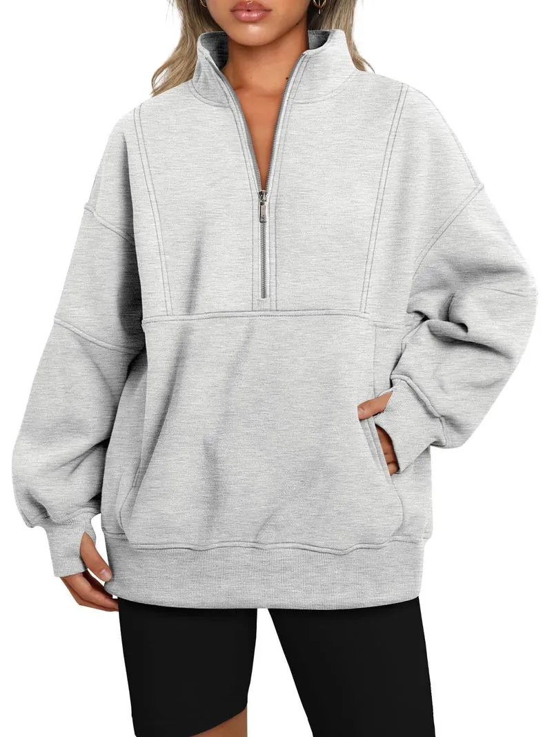 Damen Oversize-Sweatshirt mit halbem Reißverschluss, Stehkragen und Kängurutasche Nord Taschen