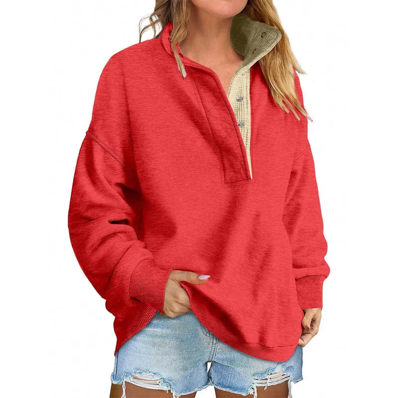 Damen Oversize-Henley-Sweatshirt mit Stehkragen und Druckknopfleiste Nord Taschen