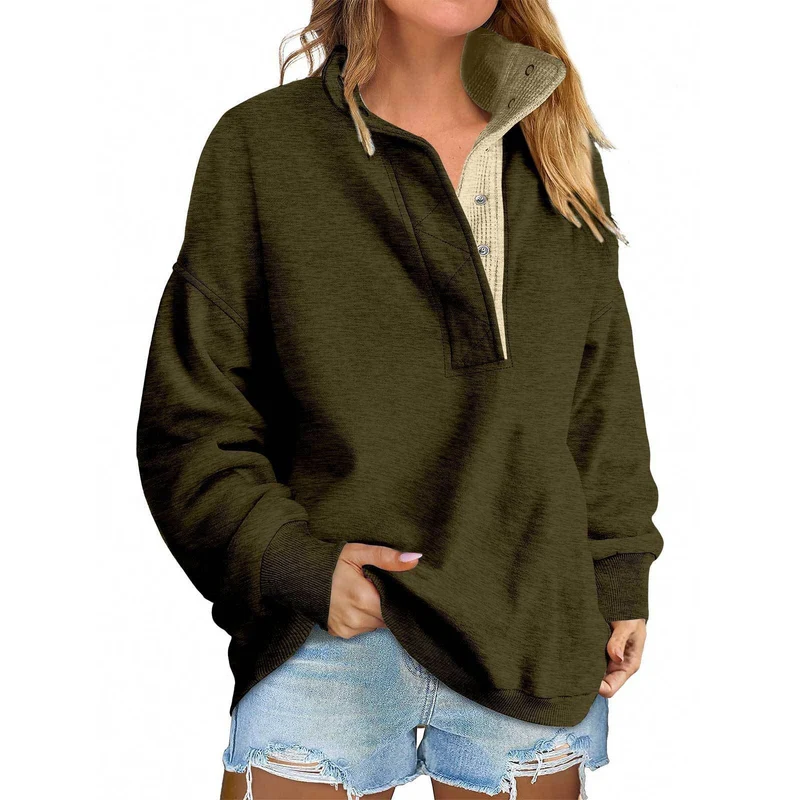 Damen Oversize-Henley-Sweatshirt mit Stehkragen und Druckknopfleiste Nord Taschen