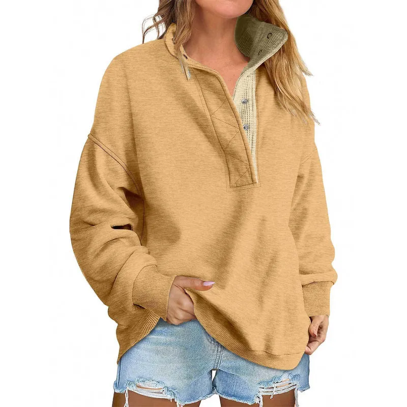 Damen Oversize-Henley-Sweatshirt mit Stehkragen und Druckknopfleiste Nord Taschen